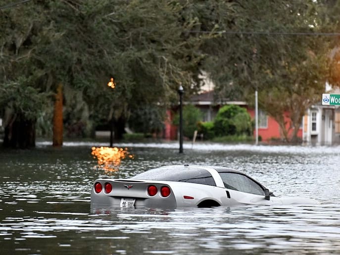 Flooded streets and damaged buildings in Central Europe following severe rainfall caused by Storm Boris